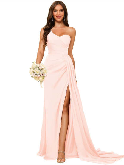 One-shoulder sleeveless floor-length bridesmaid dresses in princess satin with an A-line silhouette