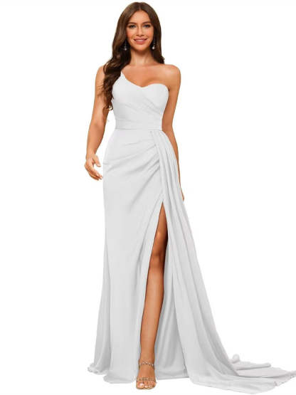One-shoulder sleeveless floor-length bridesmaid dresses in princess satin with an A-line silhouette