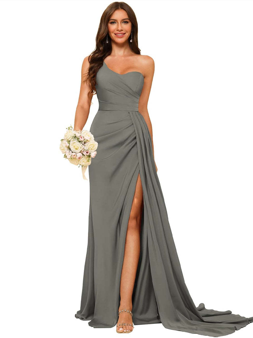 One-shoulder sleeveless floor-length bridesmaid dresses in princess satin with an A-line silhouette