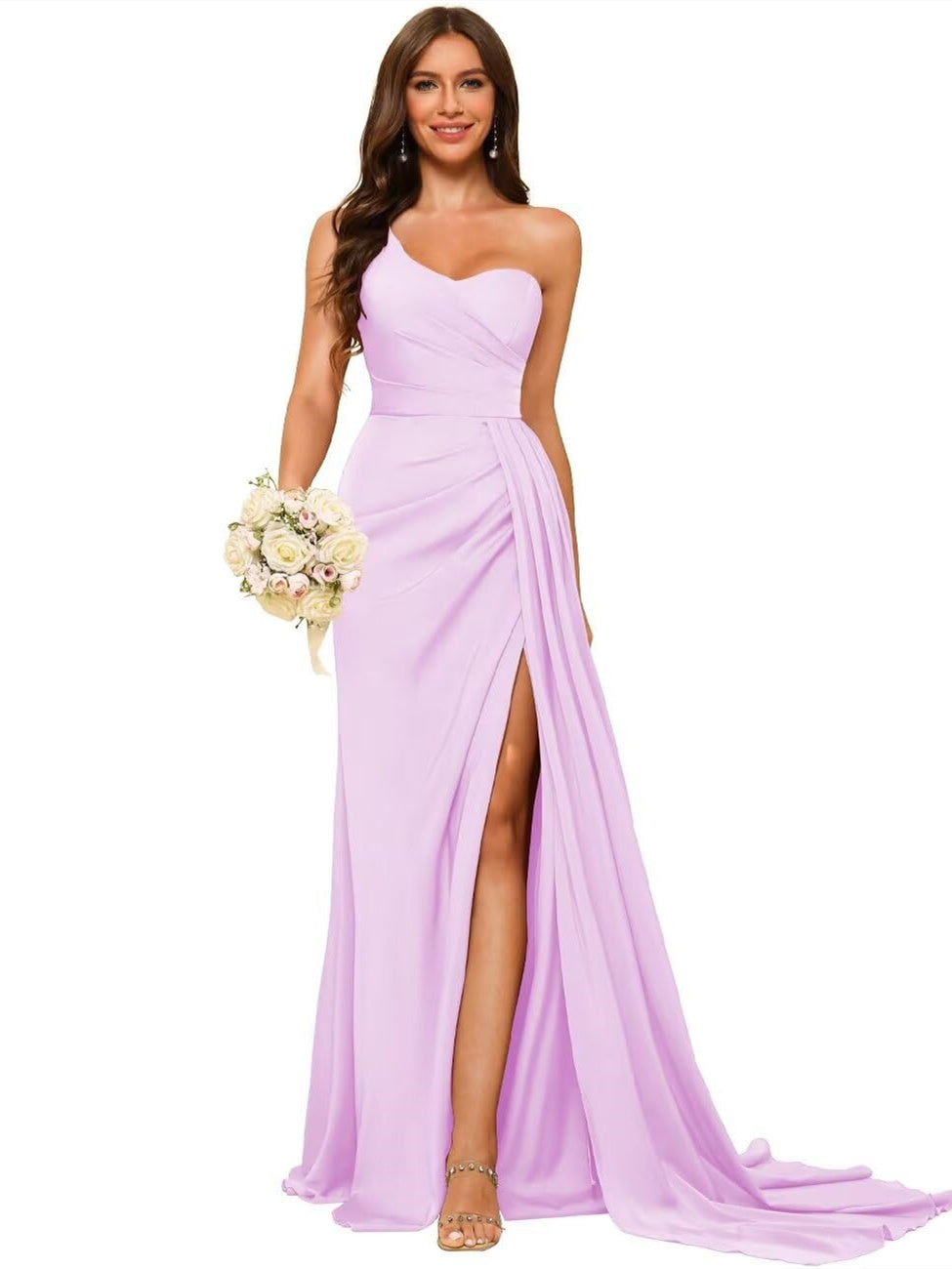 One-shoulder sleeveless floor-length bridesmaid dresses in princess satin with an A-line silhouette