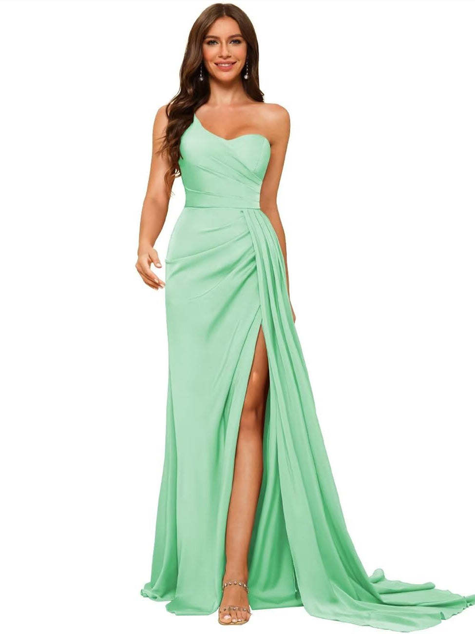 One-shoulder sleeveless floor-length bridesmaid dresses in princess satin with an A-line silhouette