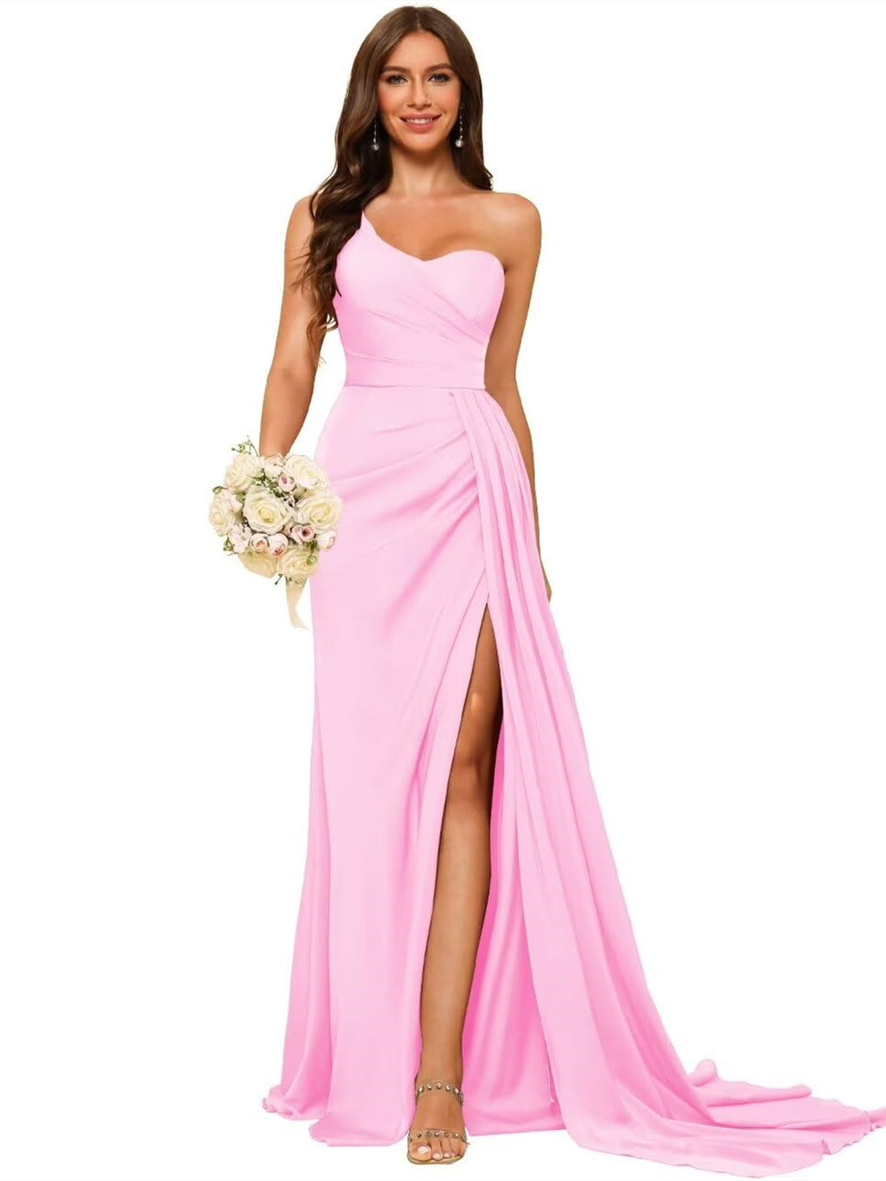 One-shoulder sleeveless floor-length bridesmaid dresses in princess satin with an A-line silhouette