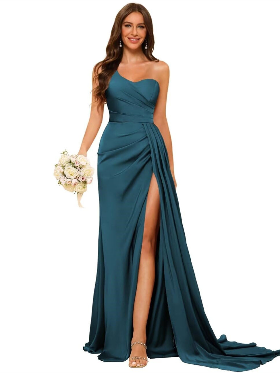 One-shoulder sleeveless floor-length bridesmaid dresses in princess satin with an A-line silhouette