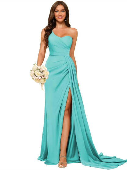 One-shoulder sleeveless floor-length bridesmaid dresses in princess satin with an A-line silhouette