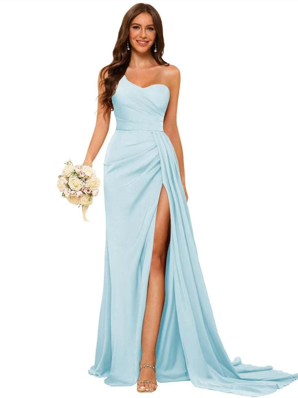 One-shoulder sleeveless floor-length bridesmaid dresses in princess satin with an A-line silhouette