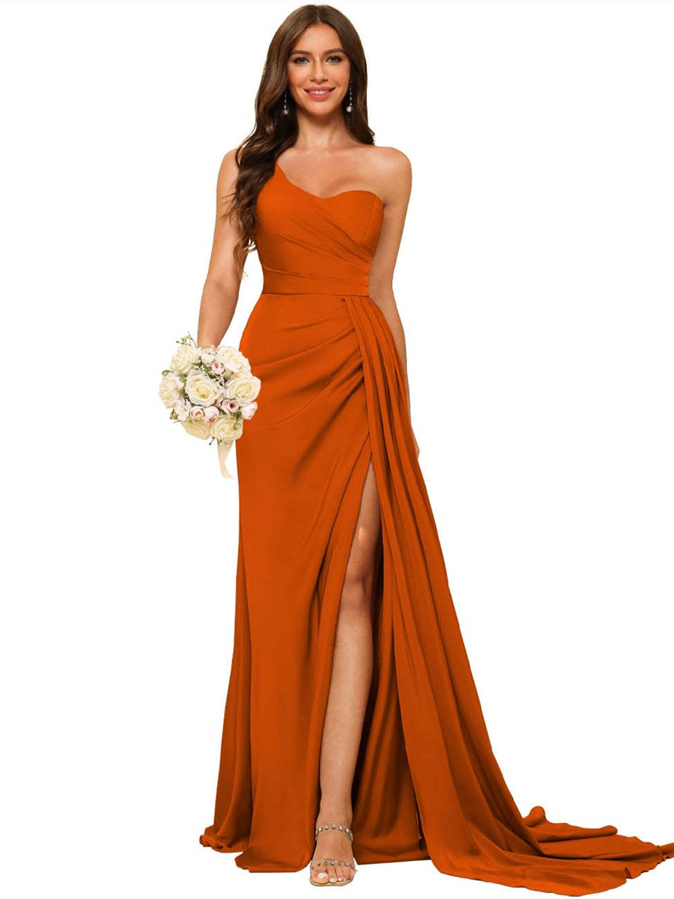 One-shoulder sleeveless floor-length bridesmaid dresses in princess satin with an A-line silhouette