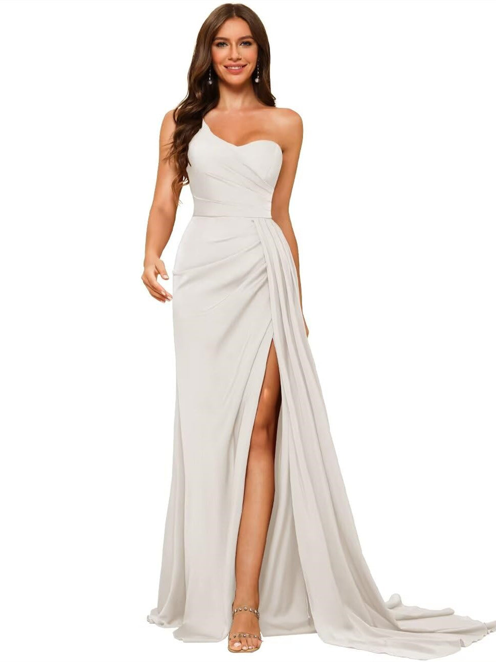 One-shoulder sleeveless floor-length bridesmaid dresses in princess satin with an A-line silhouette
