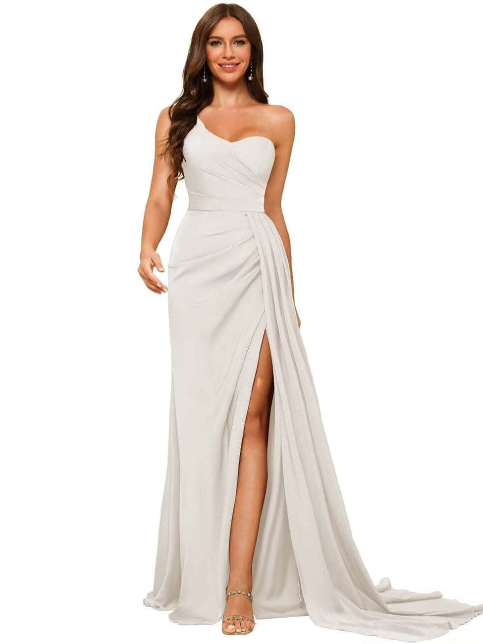 One-shoulder sleeveless floor-length bridesmaid dresses in princess satin with an A-line silhouette