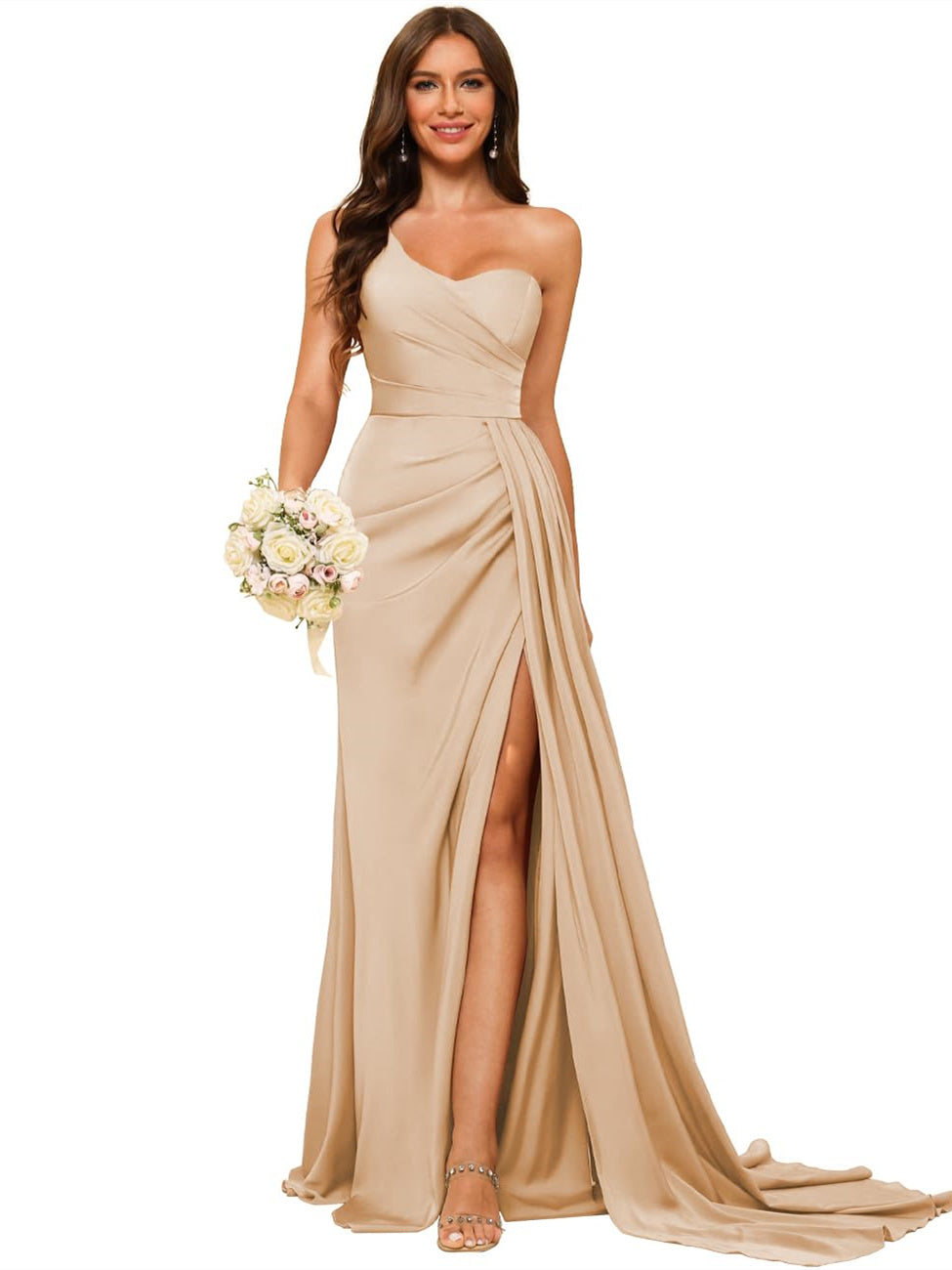 One-shoulder sleeveless floor-length bridesmaid dresses in princess satin with an A-line silhouette
