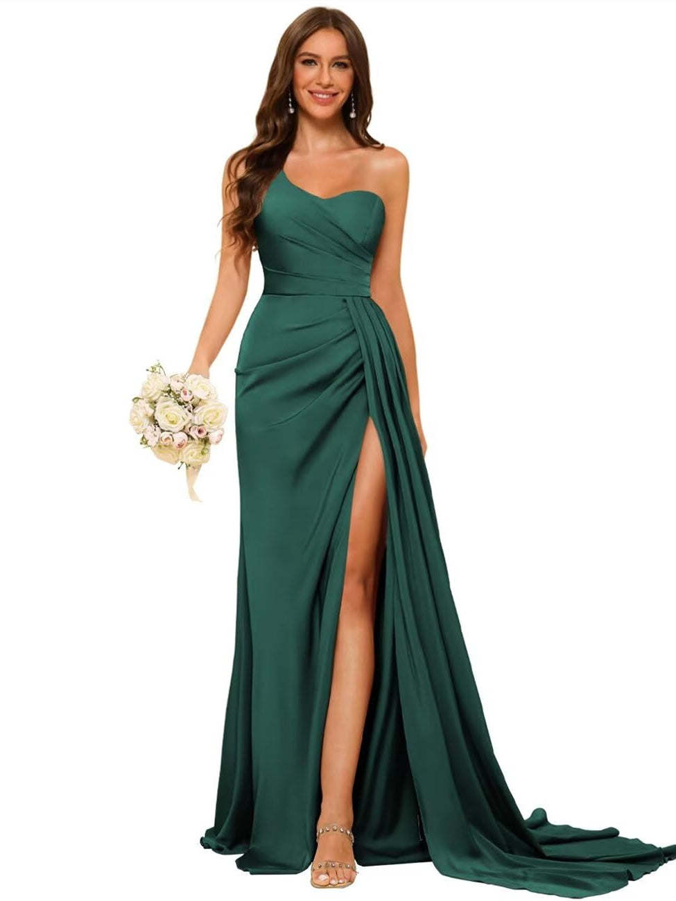 One-shoulder sleeveless floor-length bridesmaid dresses in princess satin with an A-line silhouette