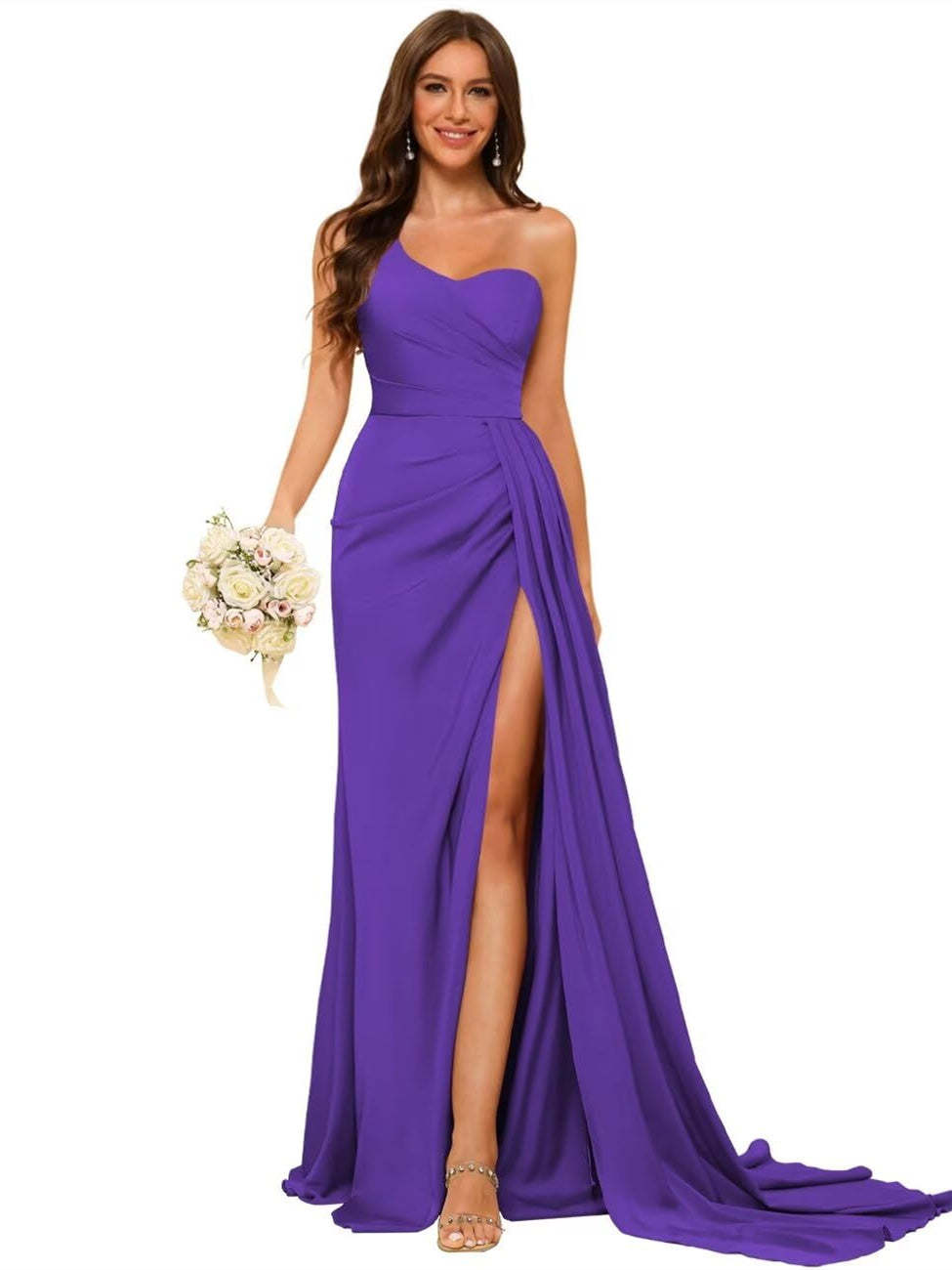 One-shoulder sleeveless floor-length bridesmaid dresses in princess satin with an A-line silhouette