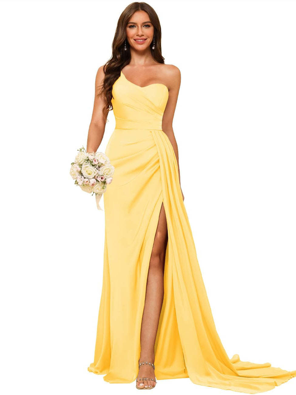 One-shoulder sleeveless floor-length bridesmaid dresses in princess satin with an A-line silhouette