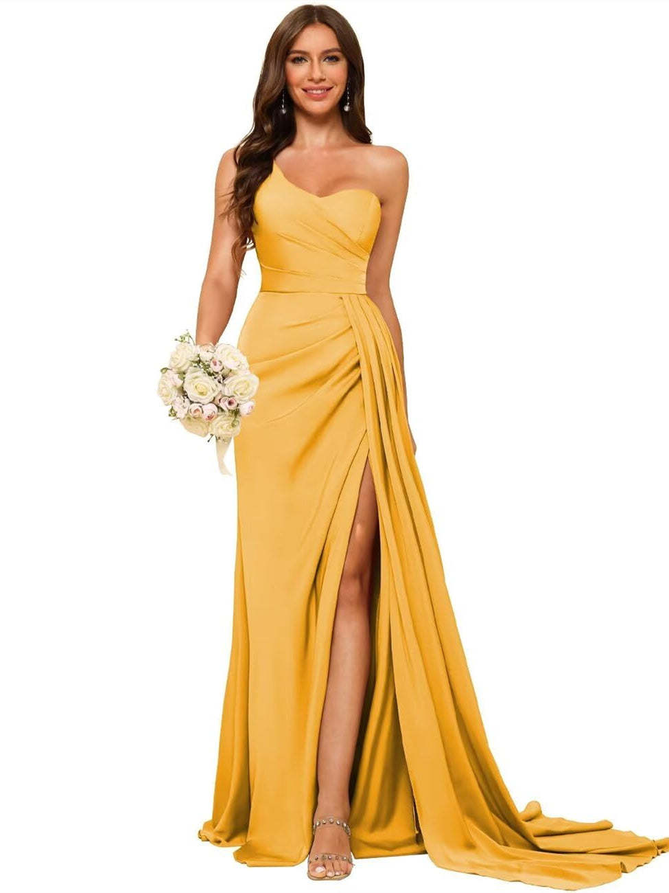 One-shoulder sleeveless floor-length bridesmaid dresses in princess satin with an A-line silhouette