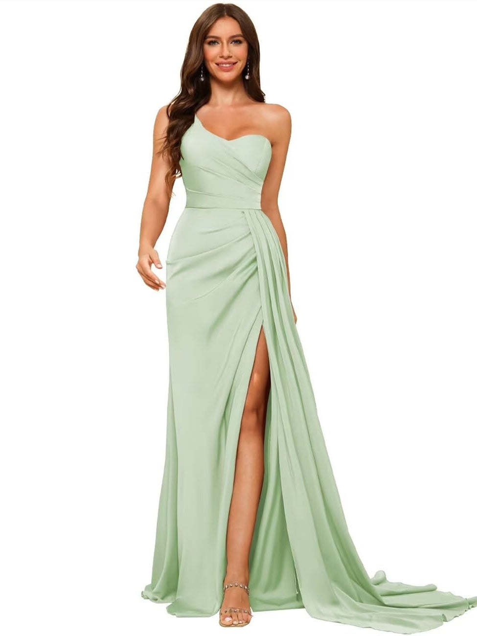 One-shoulder sleeveless floor-length bridesmaid dresses in princess satin with an A-line silhouette