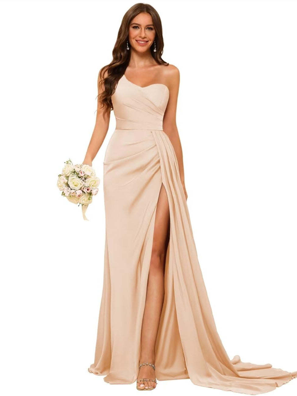 One-shoulder sleeveless floor-length bridesmaid dresses in princess satin with an A-line silhouette
