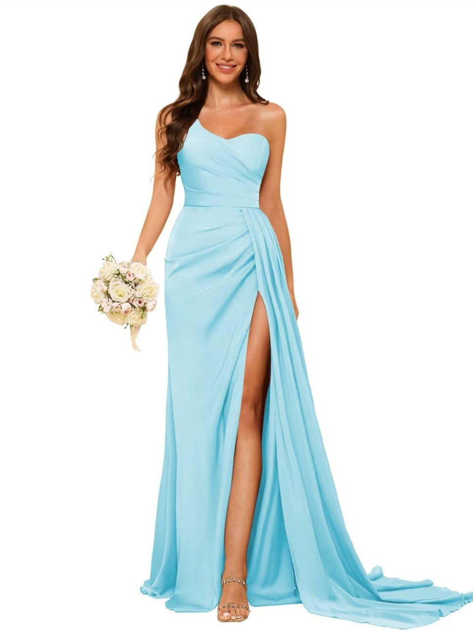 One-shoulder sleeveless floor-length bridesmaid dresses in princess satin with an A-line silhouette