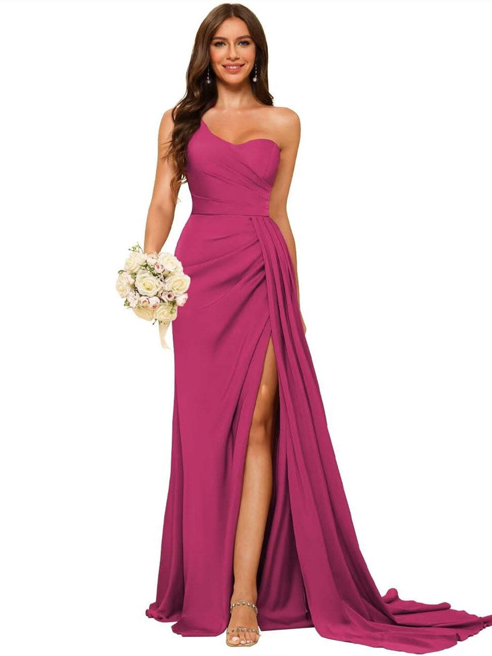 One-shoulder sleeveless floor-length bridesmaid dresses in princess satin with an A-line silhouette