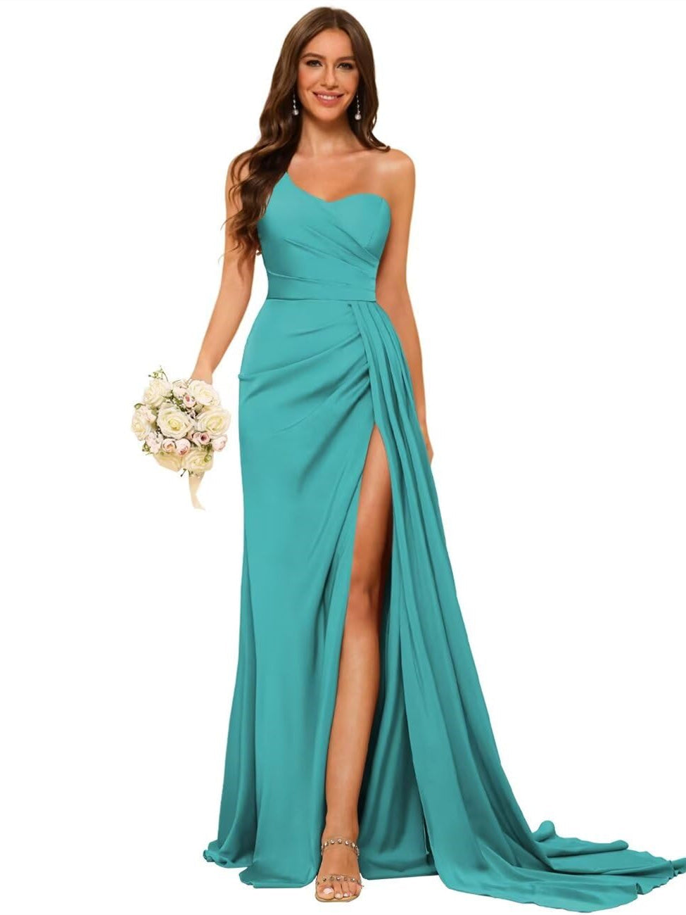 One-shoulder sleeveless floor-length bridesmaid dresses in princess satin with an A-line silhouette