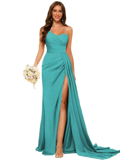 One-shoulder sleeveless floor-length bridesmaid dresses in princess satin with an A-line silhouette