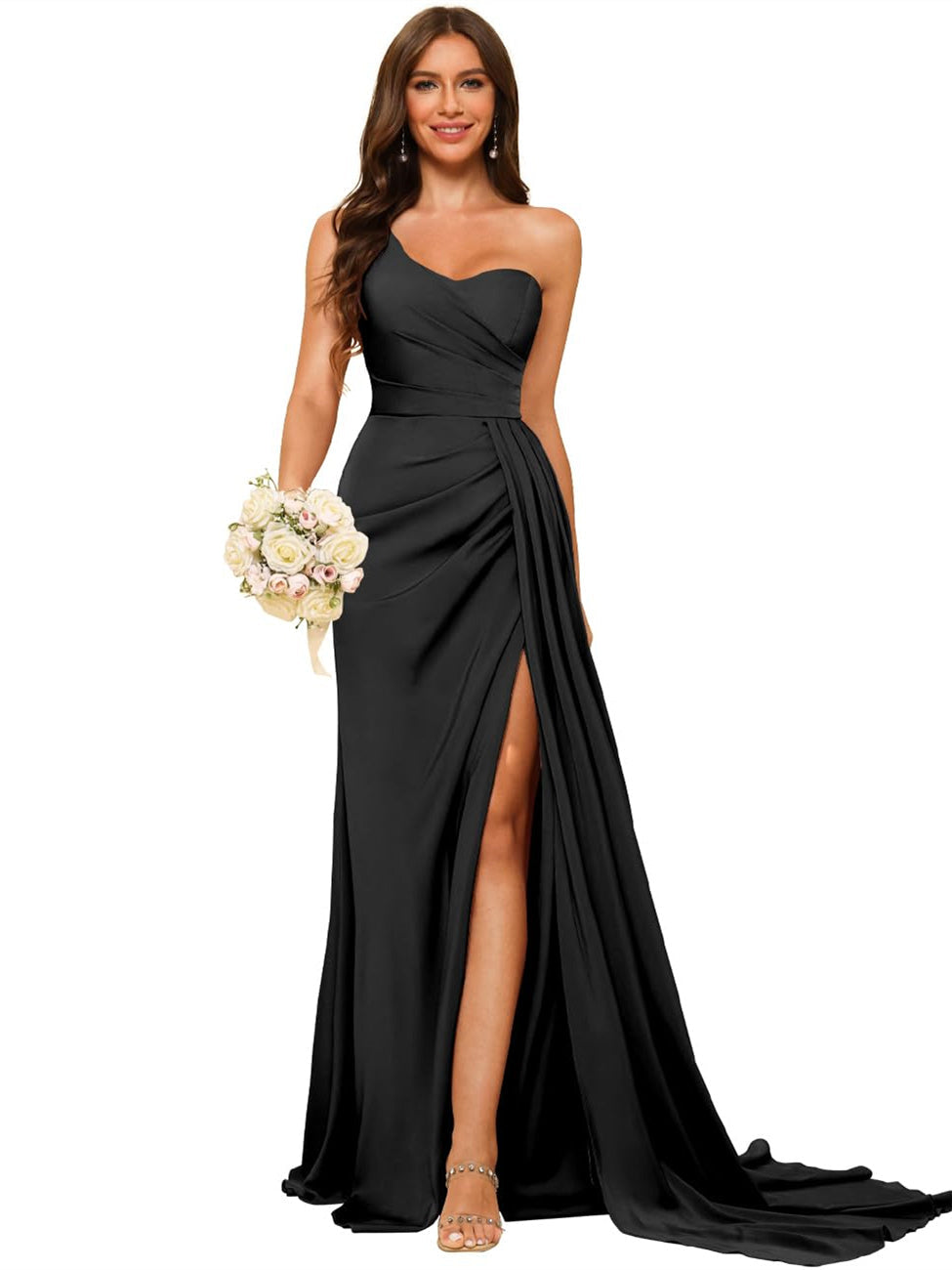 One-shoulder sleeveless floor-length bridesmaid dresses in princess satin with an A-line silhouette
