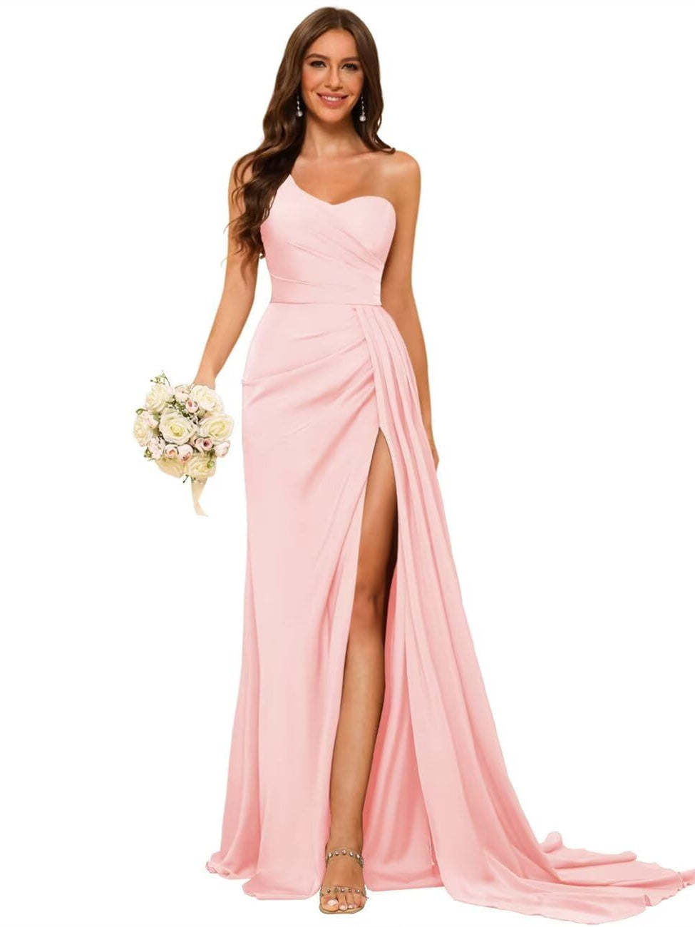 One-shoulder sleeveless floor-length bridesmaid dresses in princess satin with an A-line silhouette
