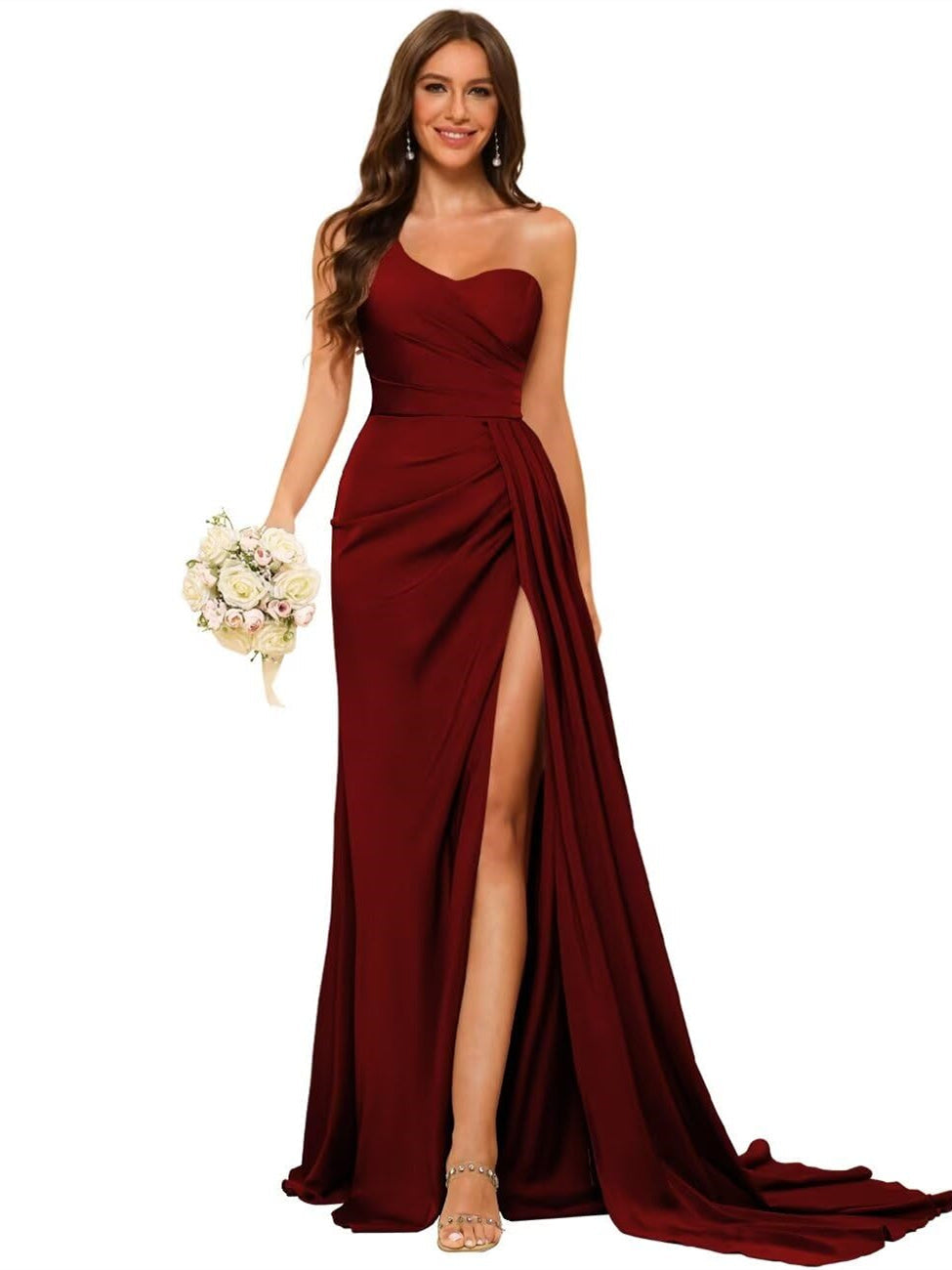 One-shoulder sleeveless floor-length bridesmaid dresses in princess satin with an A-line silhouette