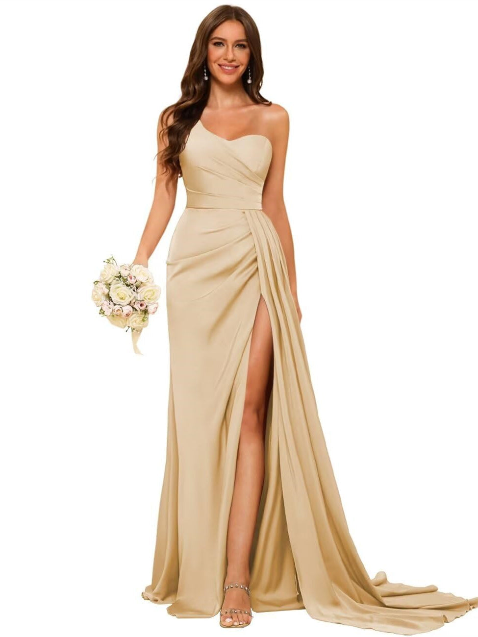 One-shoulder sleeveless floor-length bridesmaid dresses in princess satin with an A-line silhouette