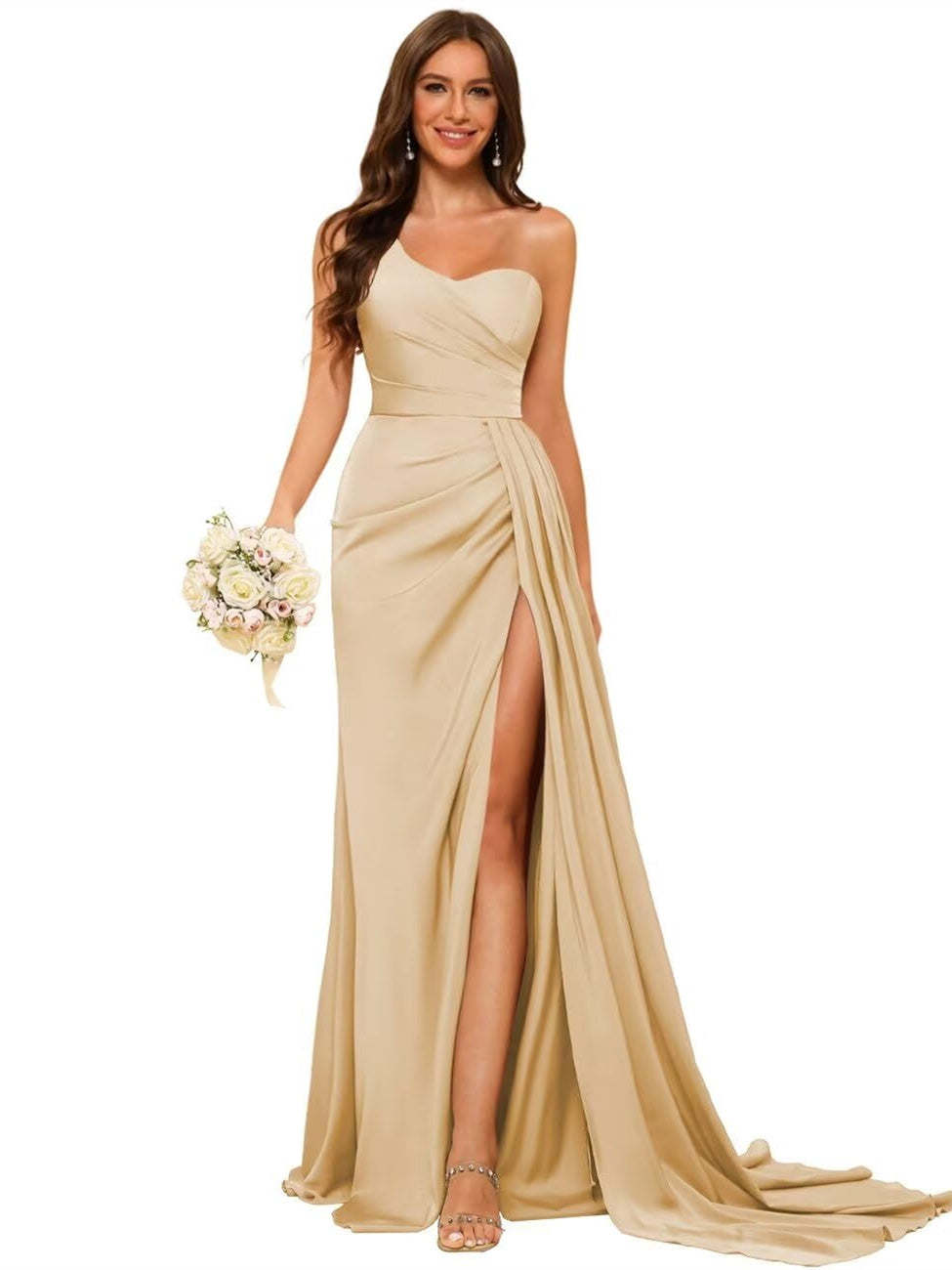 One-shoulder sleeveless floor-length bridesmaid dresses in princess satin with an A-line silhouette