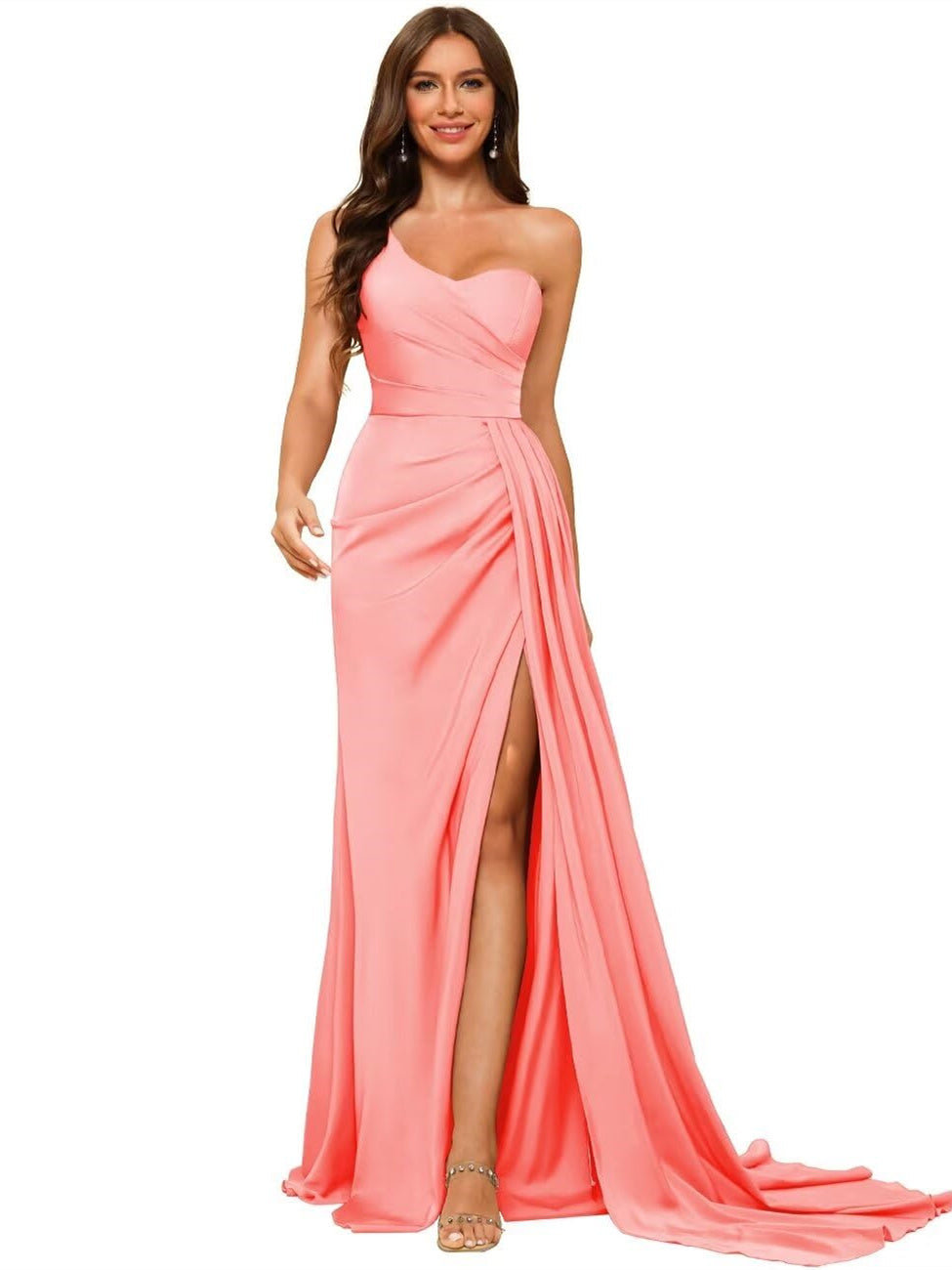One-shoulder sleeveless floor-length bridesmaid dresses in princess satin with an A-line silhouette