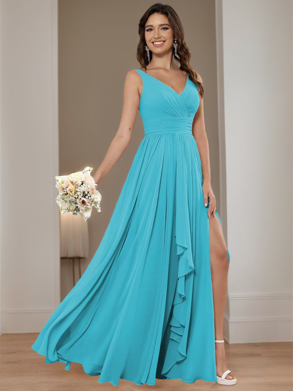 V-Neck Sleeveless Floor-Length Princess Chiffon Bridesmaid Dress in A-Line