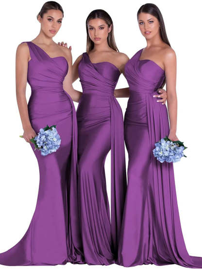 Satin One-Shoulder Floor-Length Bridesmaid Dress with Mermaid/Trumpet Silhouette