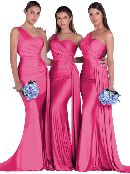 Satin One-Shoulder Floor-Length Bridesmaid Dress with Mermaid/Trumpet Silhouette