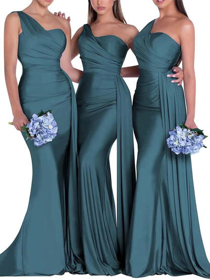 Satin One-Shoulder Floor-Length Bridesmaid Dress with Mermaid/Trumpet Silhouette