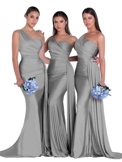 Satin One-Shoulder Floor-Length Bridesmaid Dress with Mermaid/Trumpet Silhouette