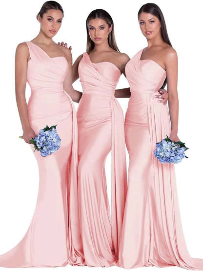 Satin One-Shoulder Floor-Length Bridesmaid Dress with Mermaid/Trumpet Silhouette