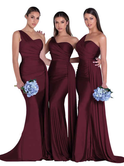 Satin One-Shoulder Floor-Length Bridesmaid Dress with Mermaid/Trumpet Silhouette