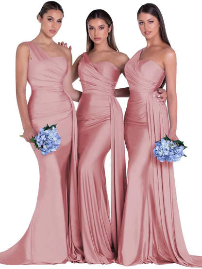 Satin One-Shoulder Floor-Length Bridesmaid Dress with Mermaid/Trumpet Silhouette