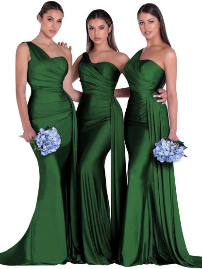 Satin One-Shoulder Floor-Length Bridesmaid Dress with Mermaid/Trumpet Silhouette