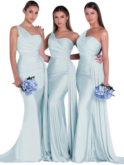 Satin One-Shoulder Floor-Length Bridesmaid Dress with Mermaid/Trumpet Silhouette