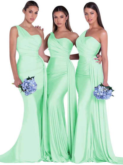 Satin One-Shoulder Floor-Length Bridesmaid Dress with Mermaid/Trumpet Silhouette