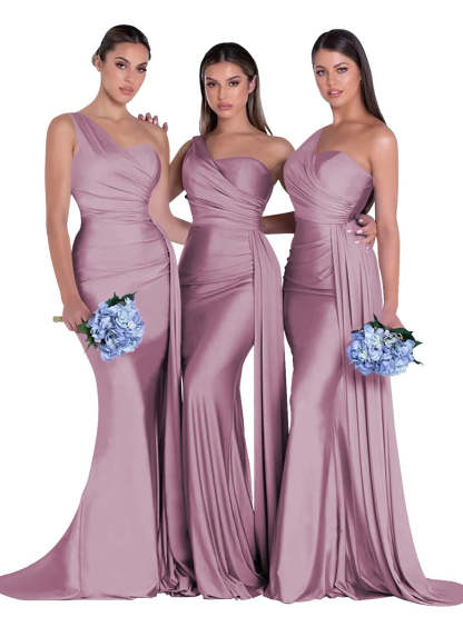 Satin One-Shoulder Floor-Length Bridesmaid Dress with Mermaid/Trumpet Silhouette