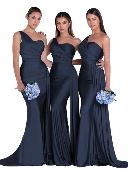 Satin One-Shoulder Floor-Length Bridesmaid Dress with Mermaid/Trumpet Silhouette