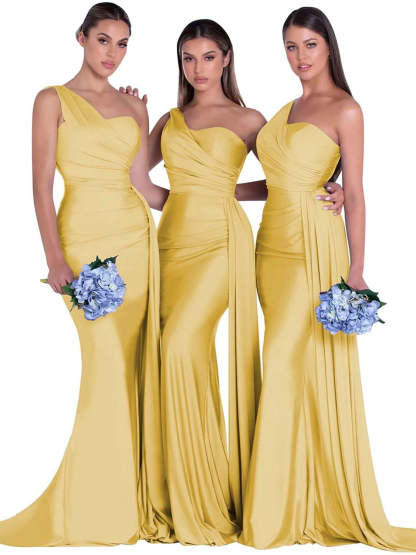 Satin One-Shoulder Floor-Length Bridesmaid Dress with Mermaid/Trumpet Silhouette