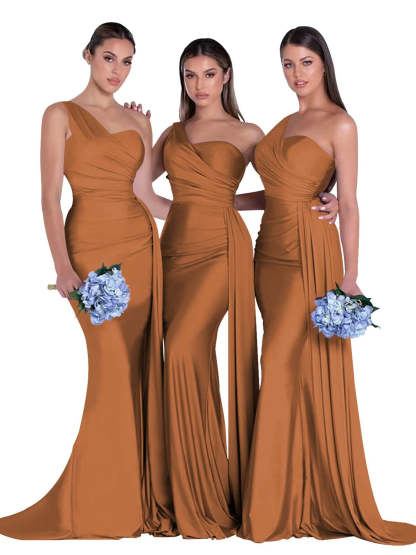 Satin One-Shoulder Floor-Length Bridesmaid Dress with Mermaid/Trumpet Silhouette