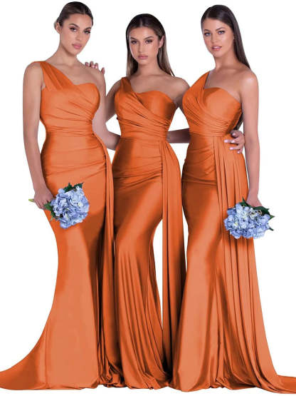 Satin One-Shoulder Floor-Length Bridesmaid Dress with Mermaid/Trumpet Silhouette