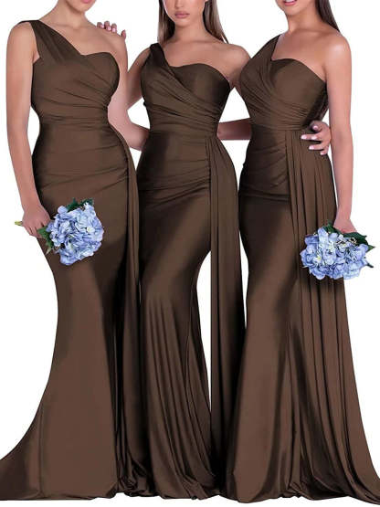 Satin One-Shoulder Floor-Length Bridesmaid Dress with Mermaid/Trumpet Silhouette