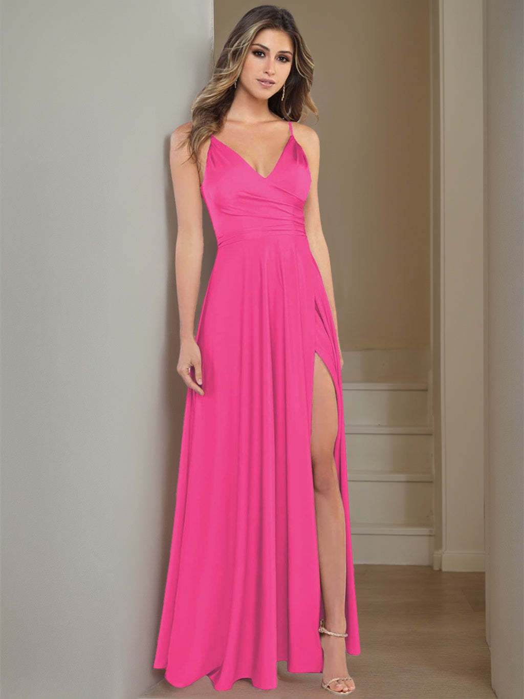 V-Neck Sleeveless Floor-Length Princess Satin Bridesmaid Dress in A-Line