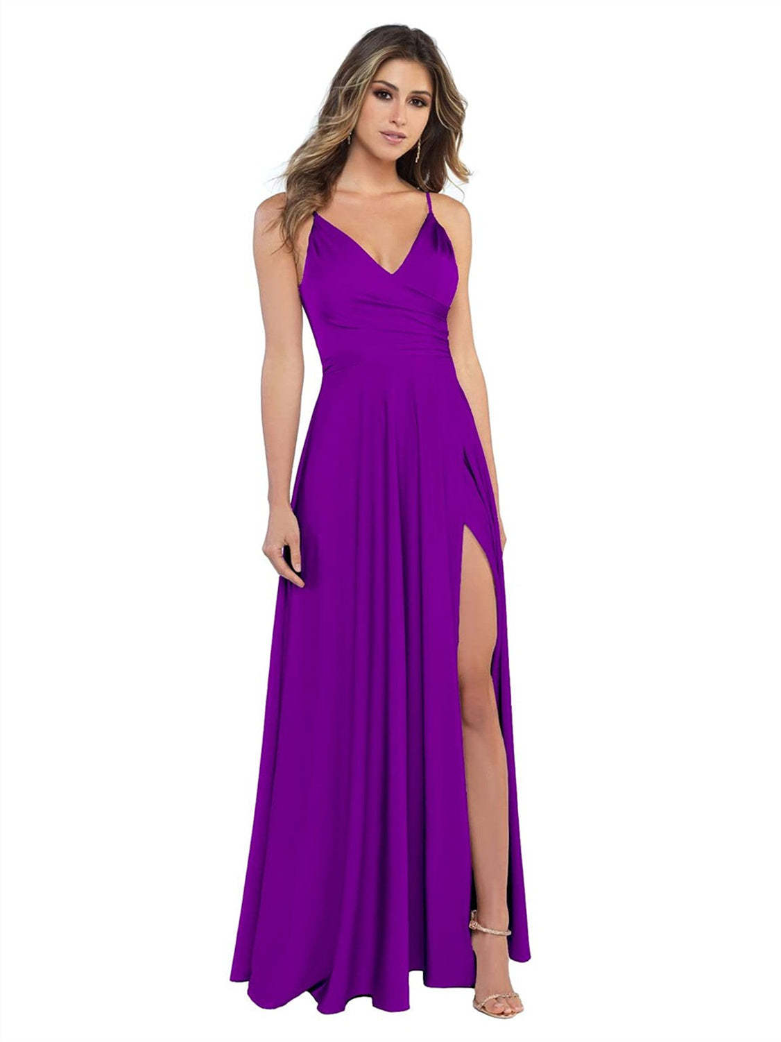 V-Neck Sleeveless Floor-Length Princess Satin Bridesmaid Dress in A-Line