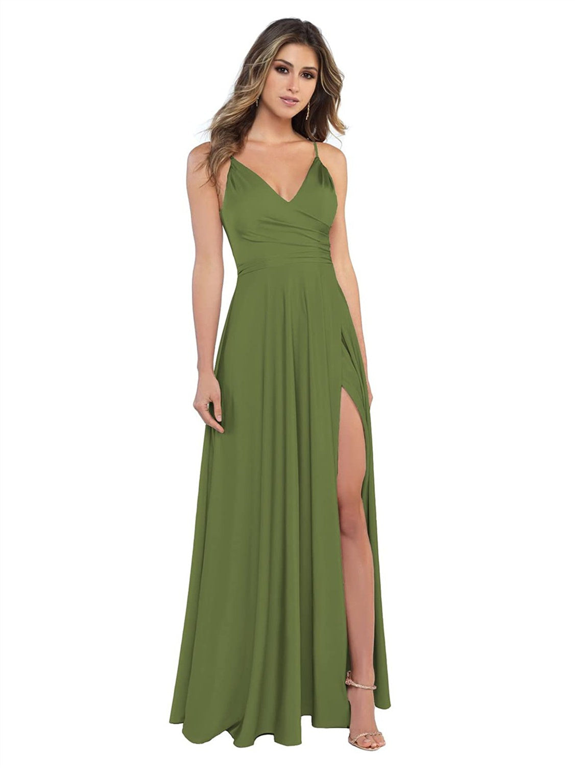 V-Neck Sleeveless Floor-Length Princess Satin Bridesmaid Dress in A-Line