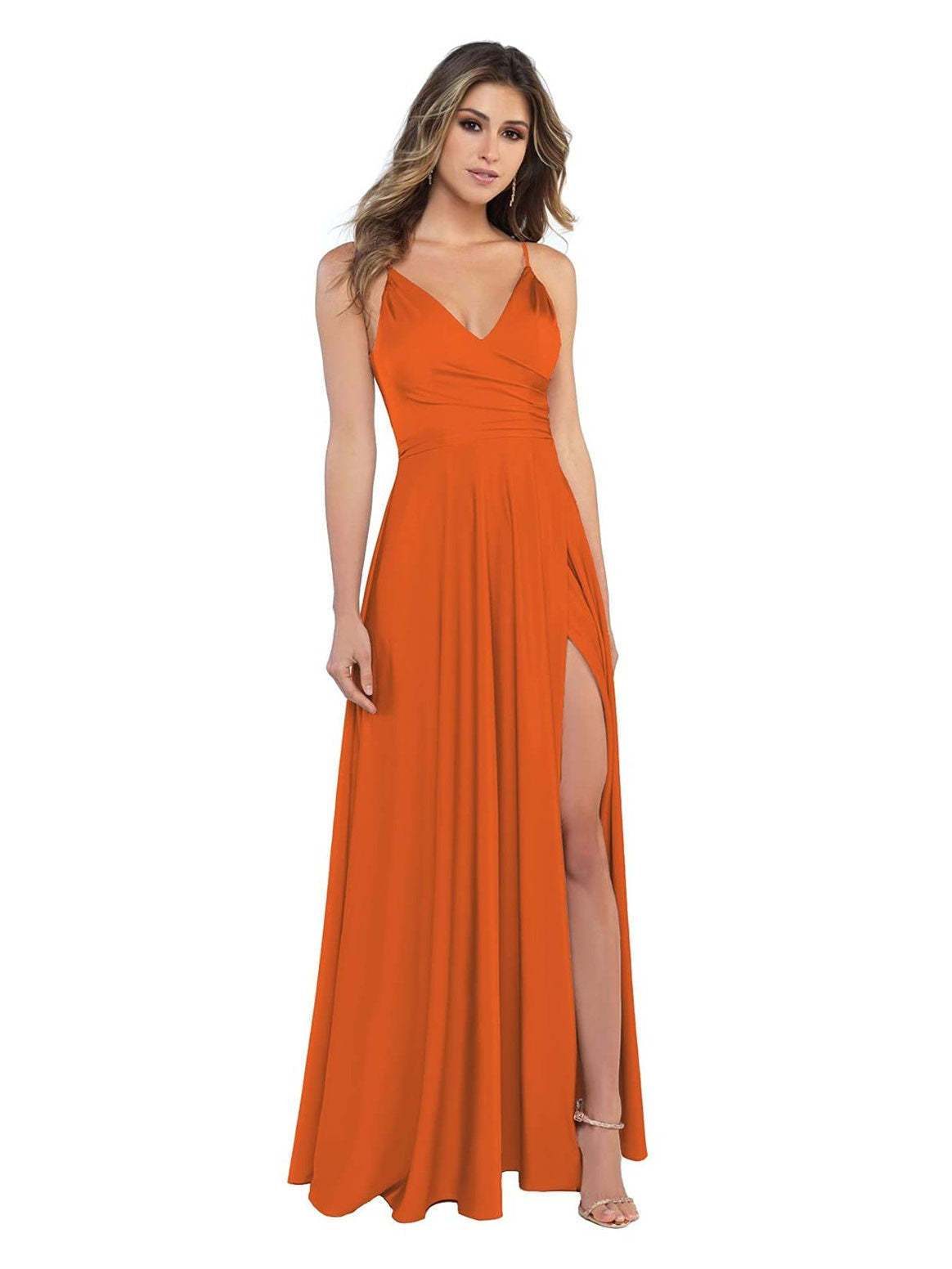 V-Neck Sleeveless Floor-Length Princess Satin Bridesmaid Dress in A-Line